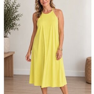 ⭐️ Bar III Womens Ripe Lemon Yellow Halter Neck Wrap Front Shift Dress Large NWT